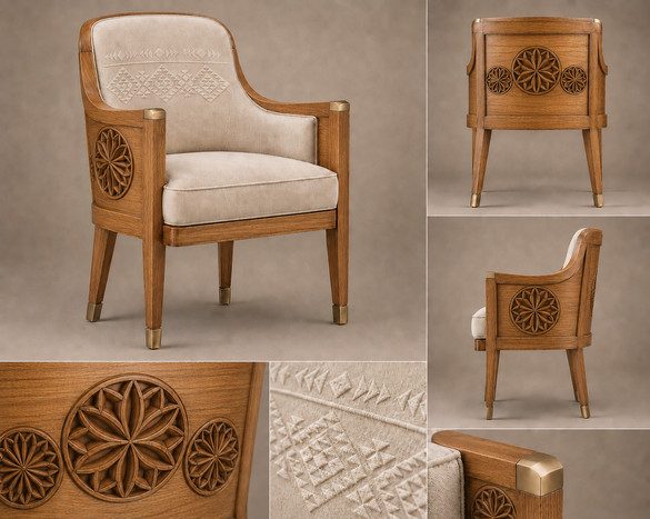 Upholstered dining armchair in teak with carved rosette details