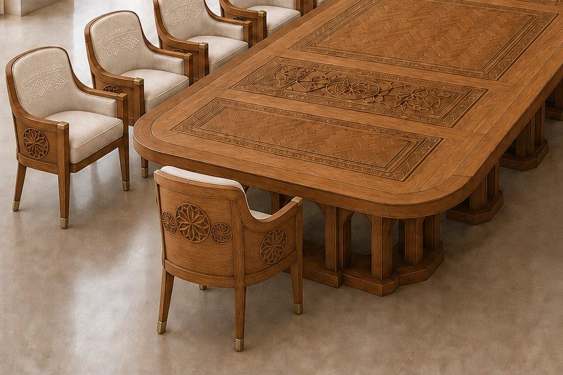 Dining table and upholstered armchairs in carved teak