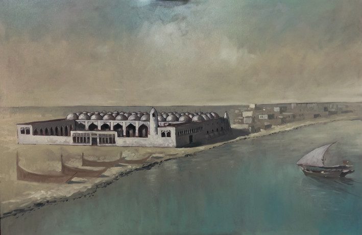 Reconstruction study painting of Balqubaib Mosque by the water