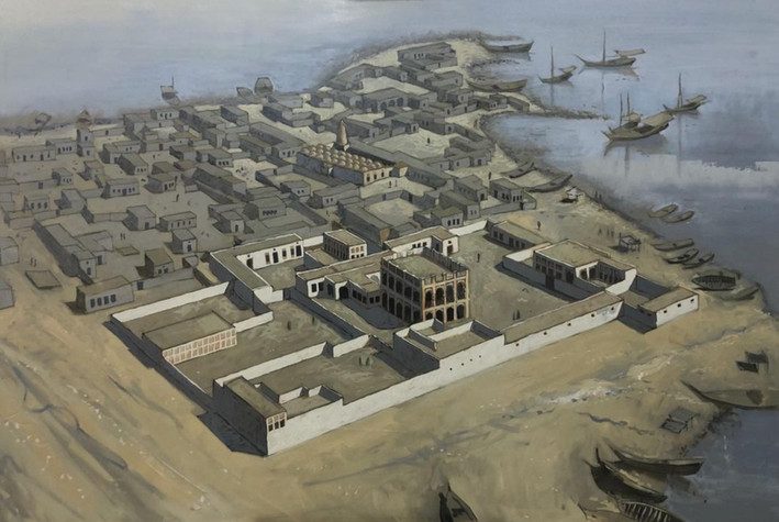 Reconstruction study painting of Al Dhaayen town on the shore