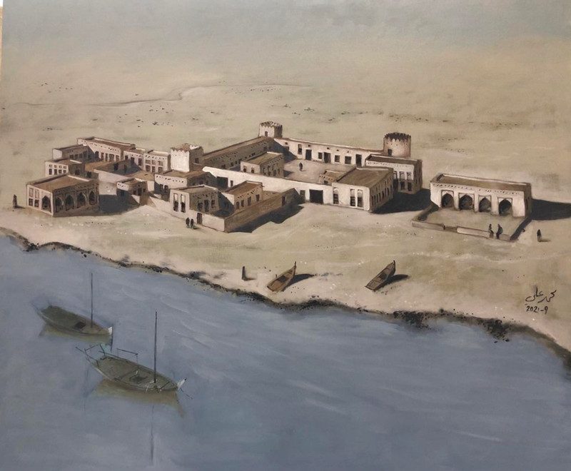 Reconstruction study painting of Al Wusail fort and town on the coast