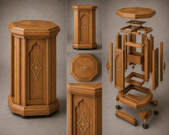 Octagonal majlis side table in teak with inlay, shown whole and exploded
