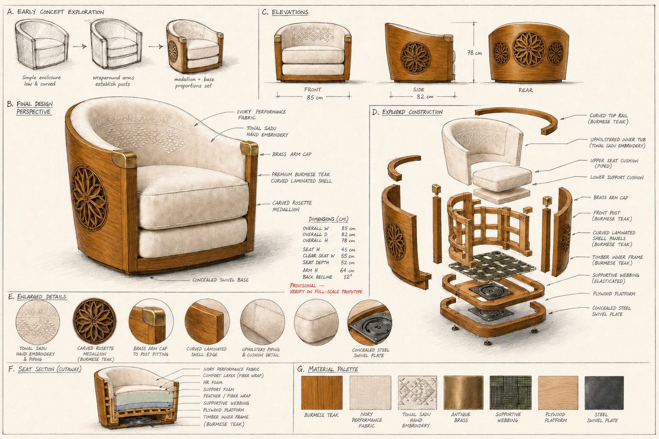 Working sheet for a tub chair with dimensions and exploded joinery